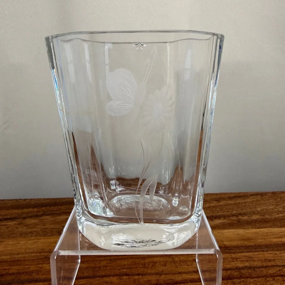 Etched Crystal Butterfly Flower Vase Clear Glass Small Hexagonal 4.5 Inch
